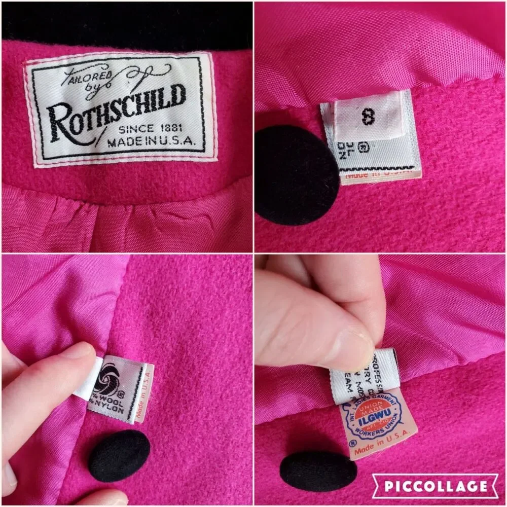 Vintage 70s/80s Rothschild Pink Wool Black Velvet Coat - Picture 7 of 12